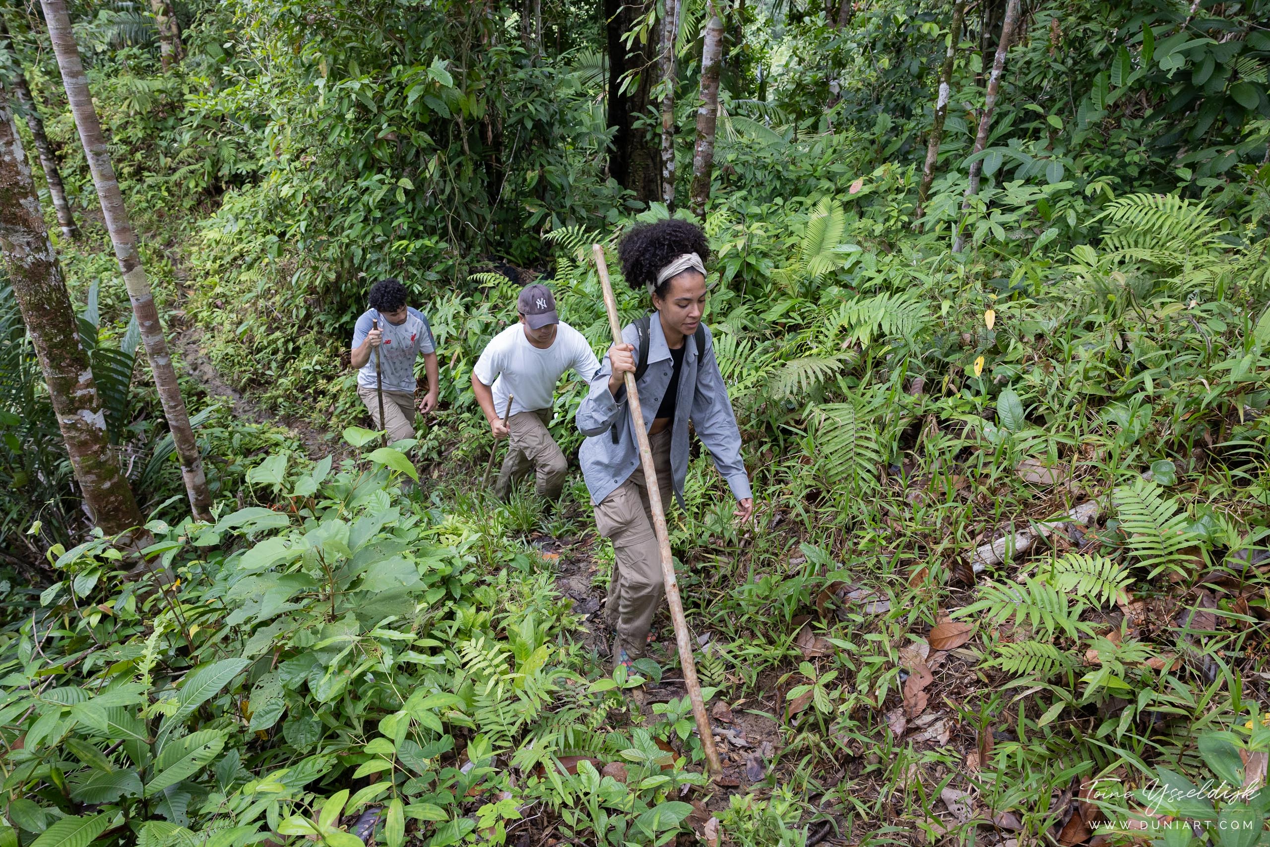 Tourists hiking through the rainforest of Siberut Island