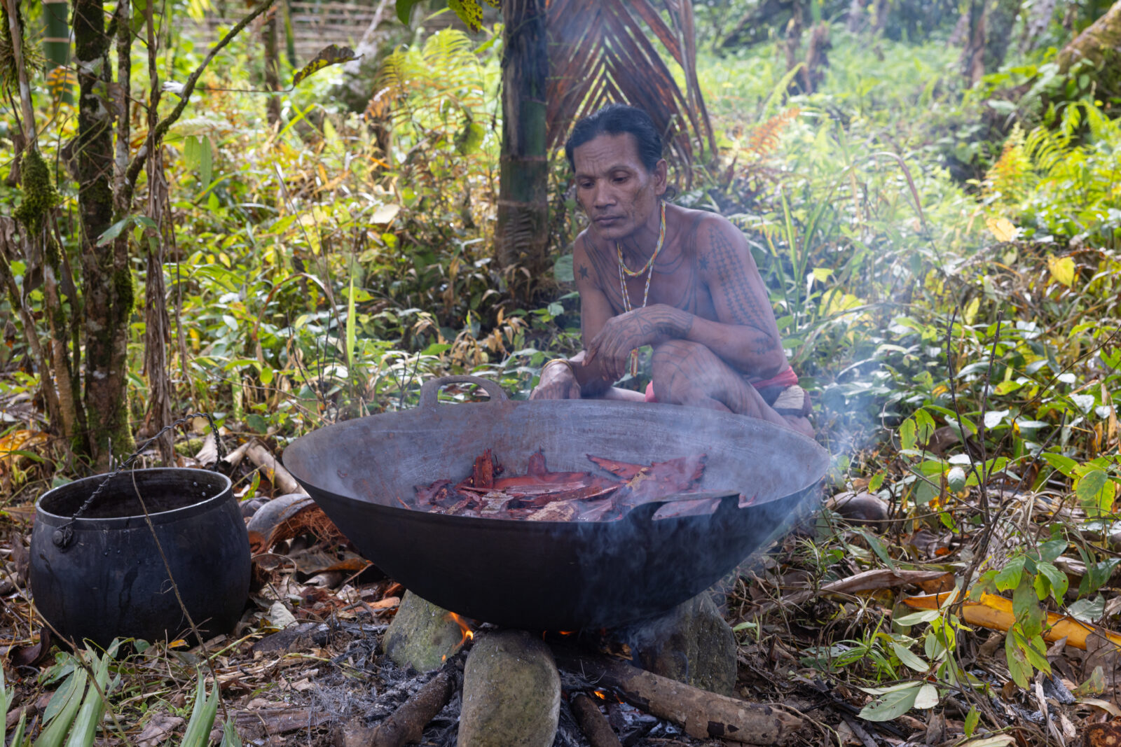 Mentawai shaman boiling tree bark to dye loincloth