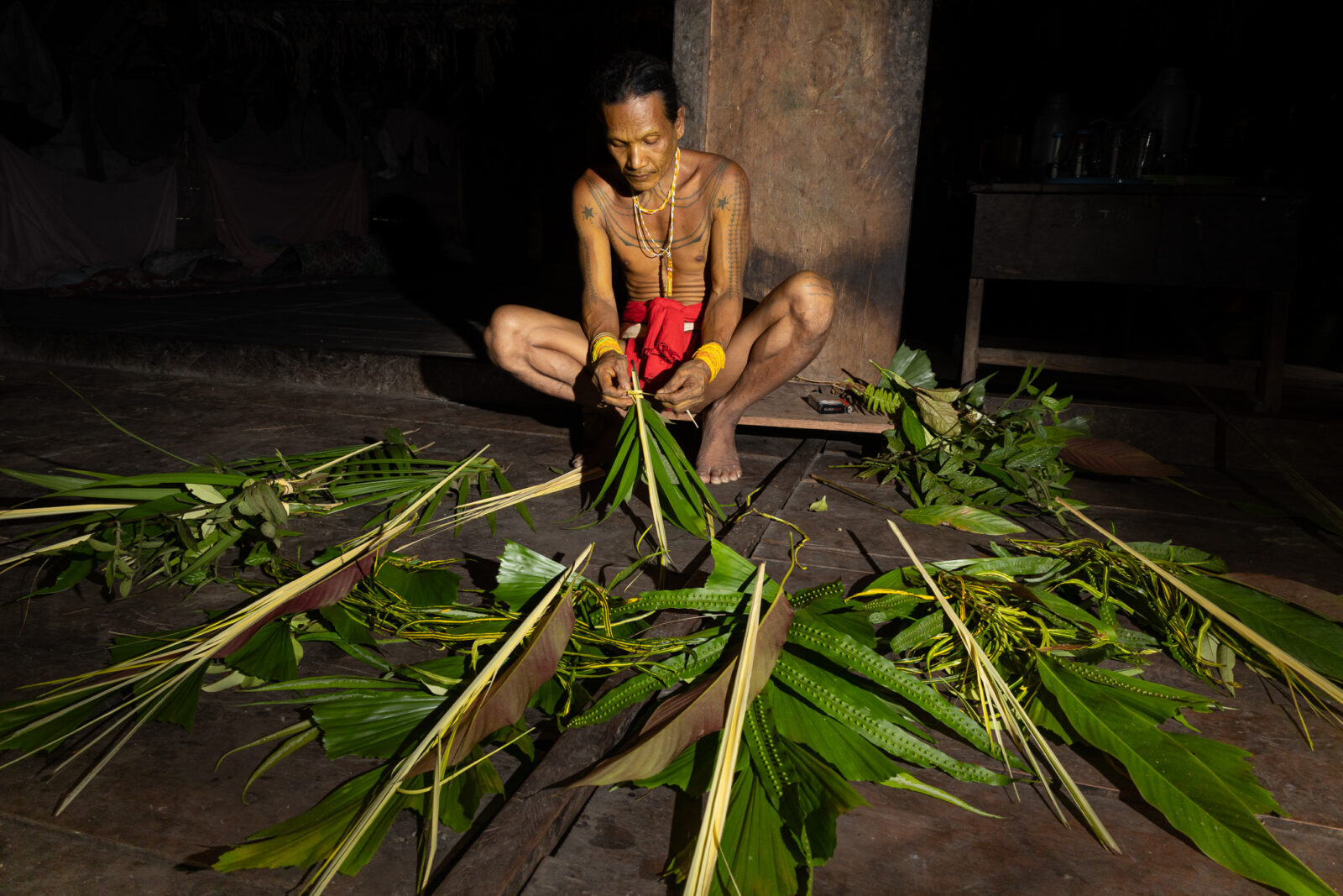 Mentawai shaman preparing fetish from leaves on Siberut