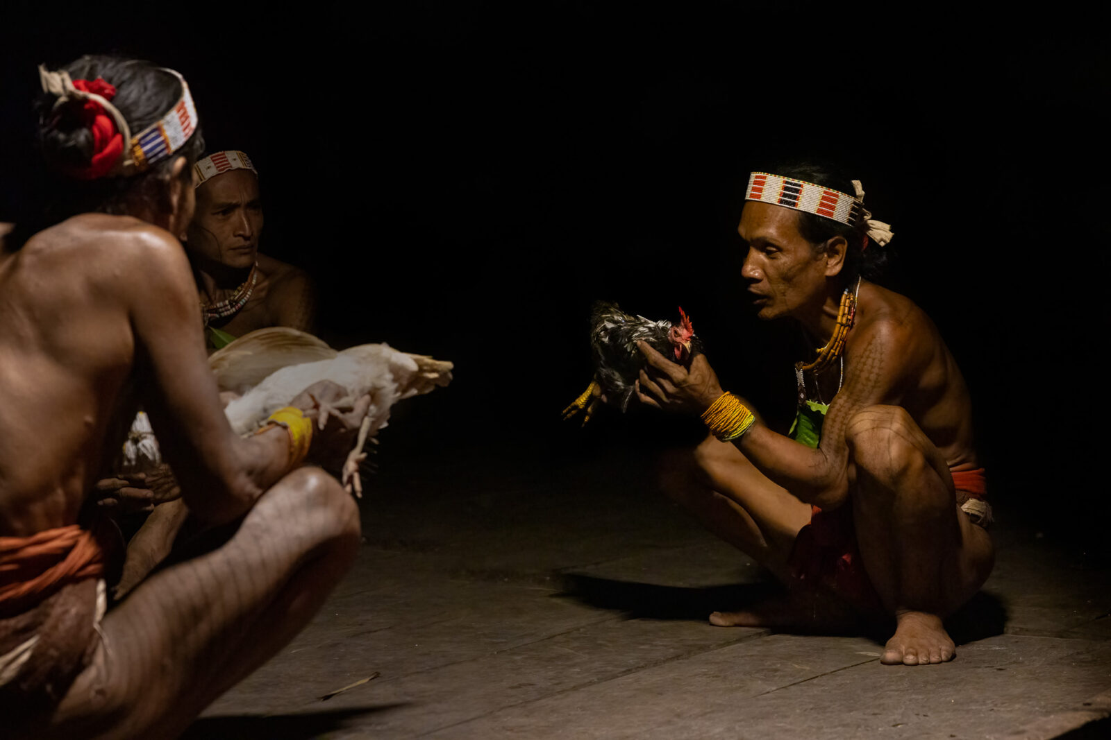 Mentawai shamans on Siberut Island blessing chickens before sacrifice during a ceremony