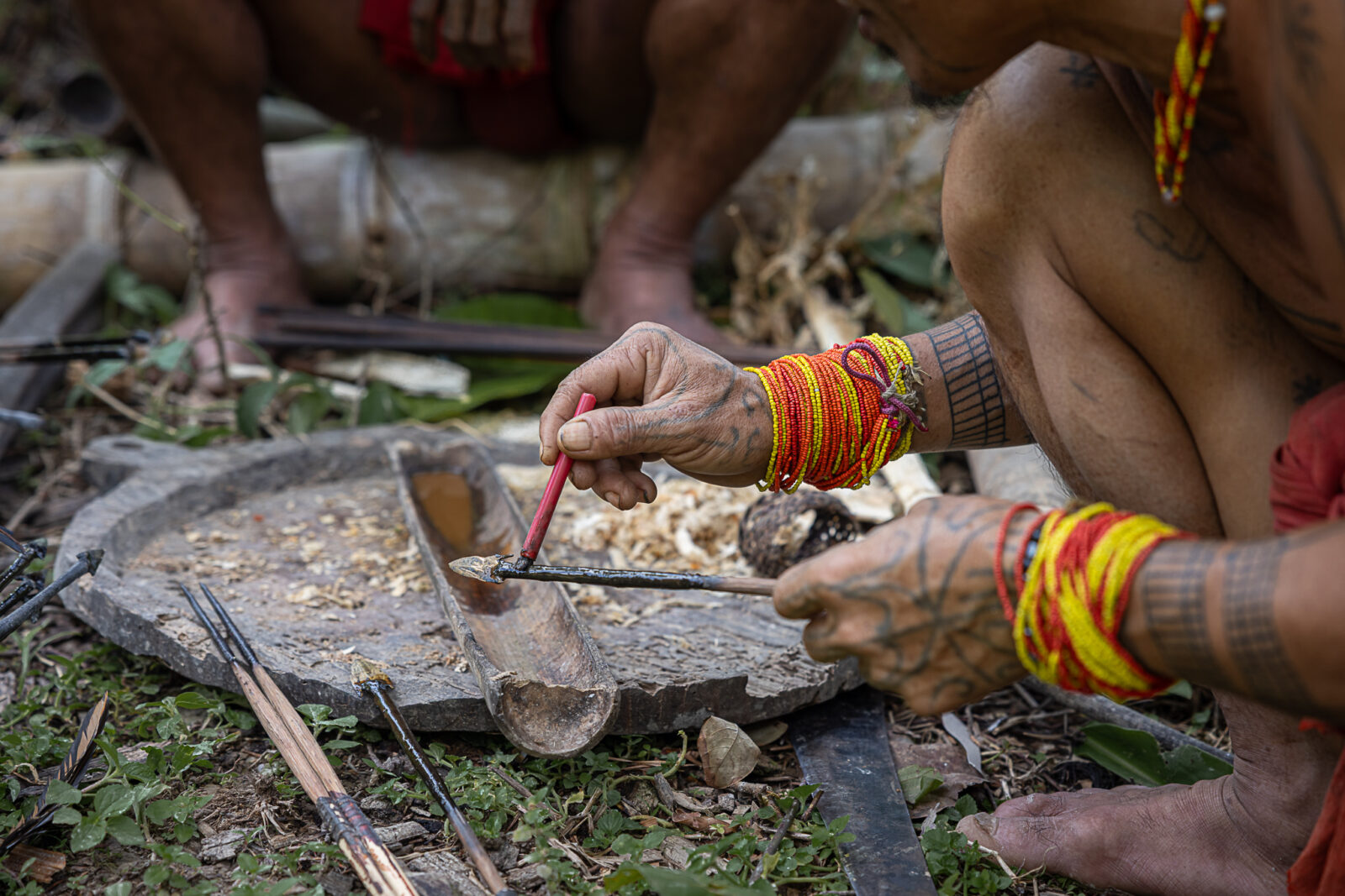 Mentawai man applying poison on arrows for hunting on Siberut Island