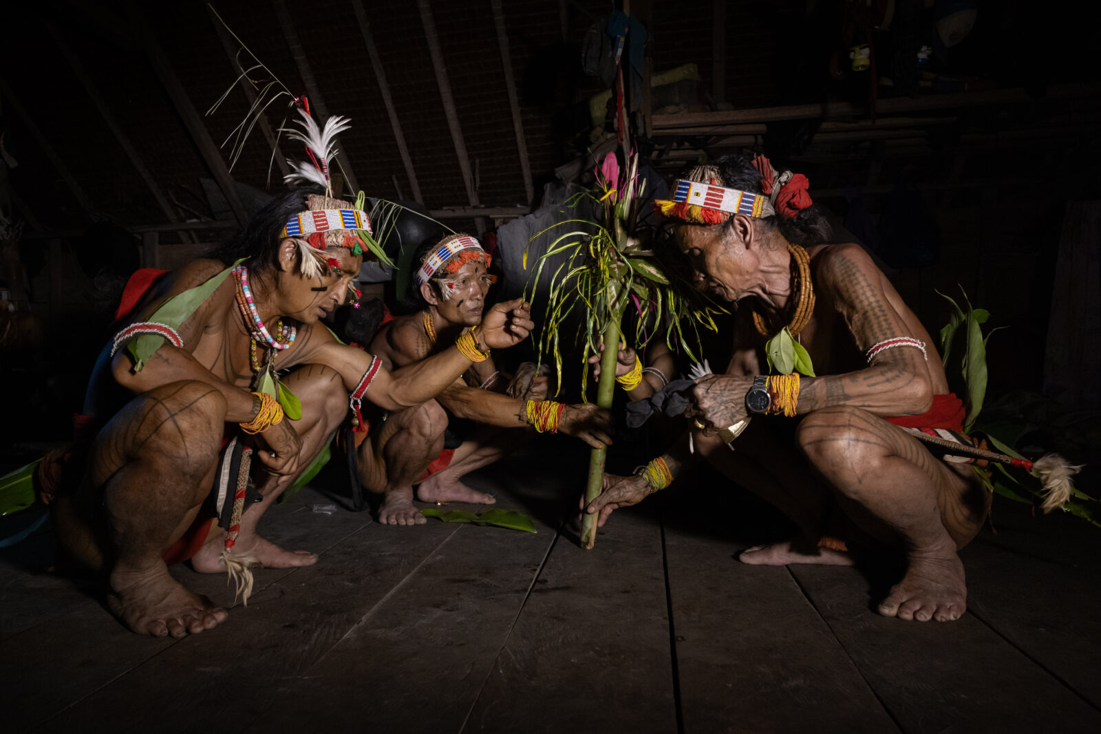 Mentawai shamans on Siberut during a lajo simagere soul calling ritual