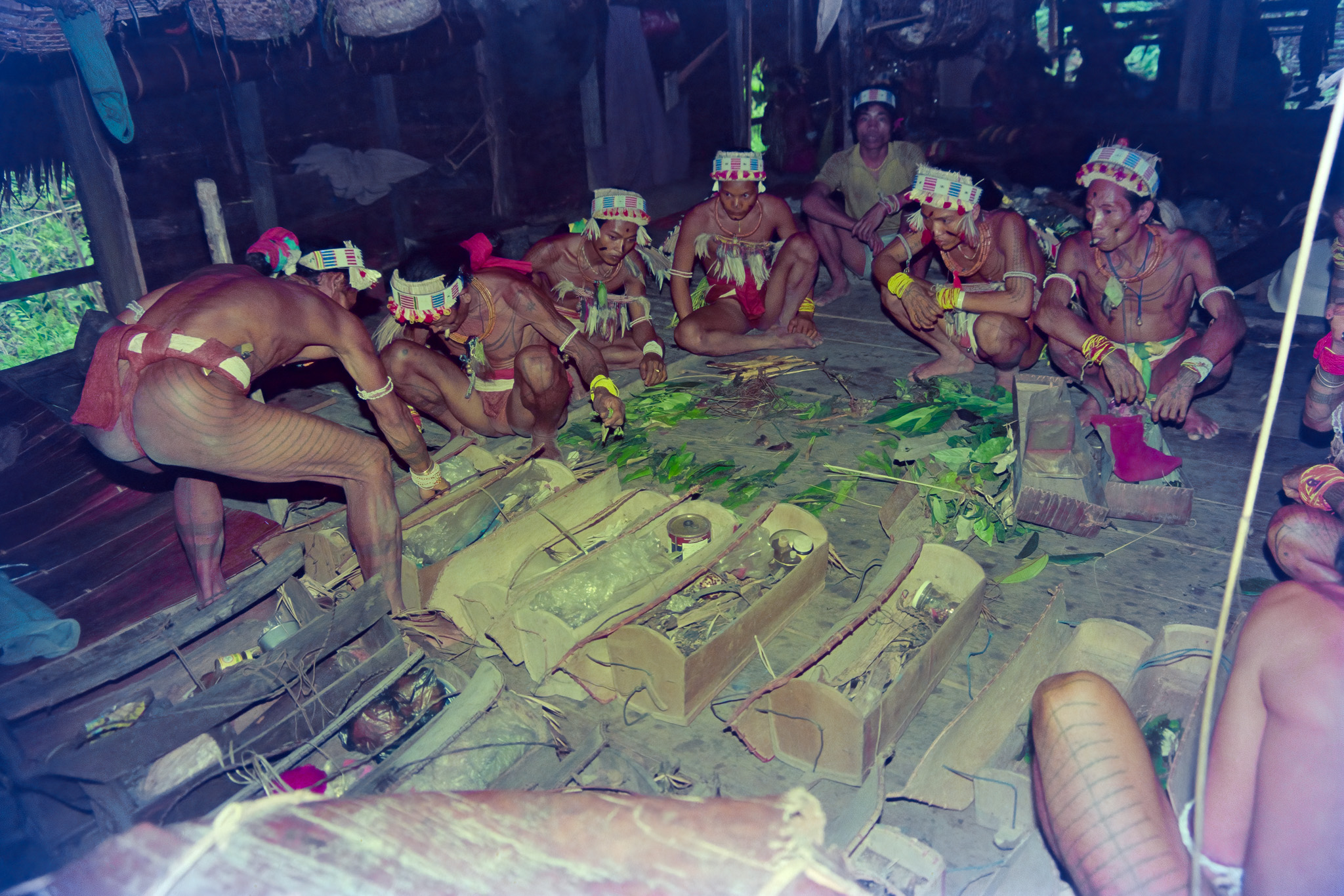 Mentawai shamans with sacred boxes during pasi teri ngalou ritual