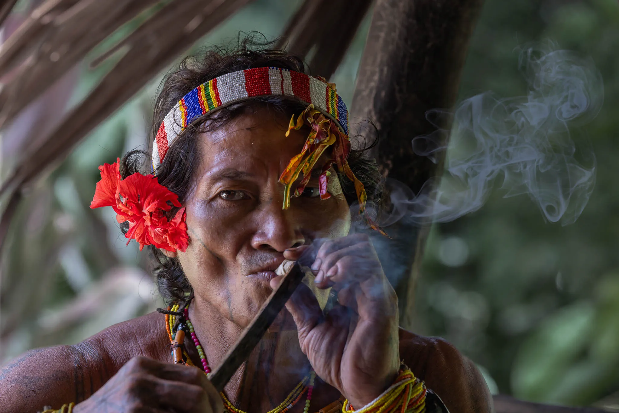 Mentawai shaman on Siberut Island lighting a traditional tobacco cigarette